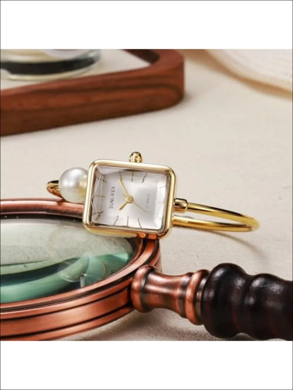 Pearl Bangle Watch for Women, Gold Square Dial Easy Read Cuff Watch, Quartz